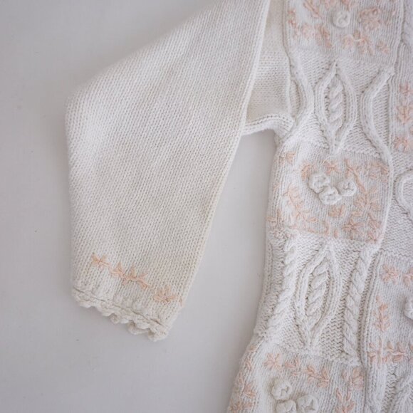 Vintage Sympatico Sportswear Cream w Peach Cable Knit Hearts Floral Sweater S - Picture 8 of 11